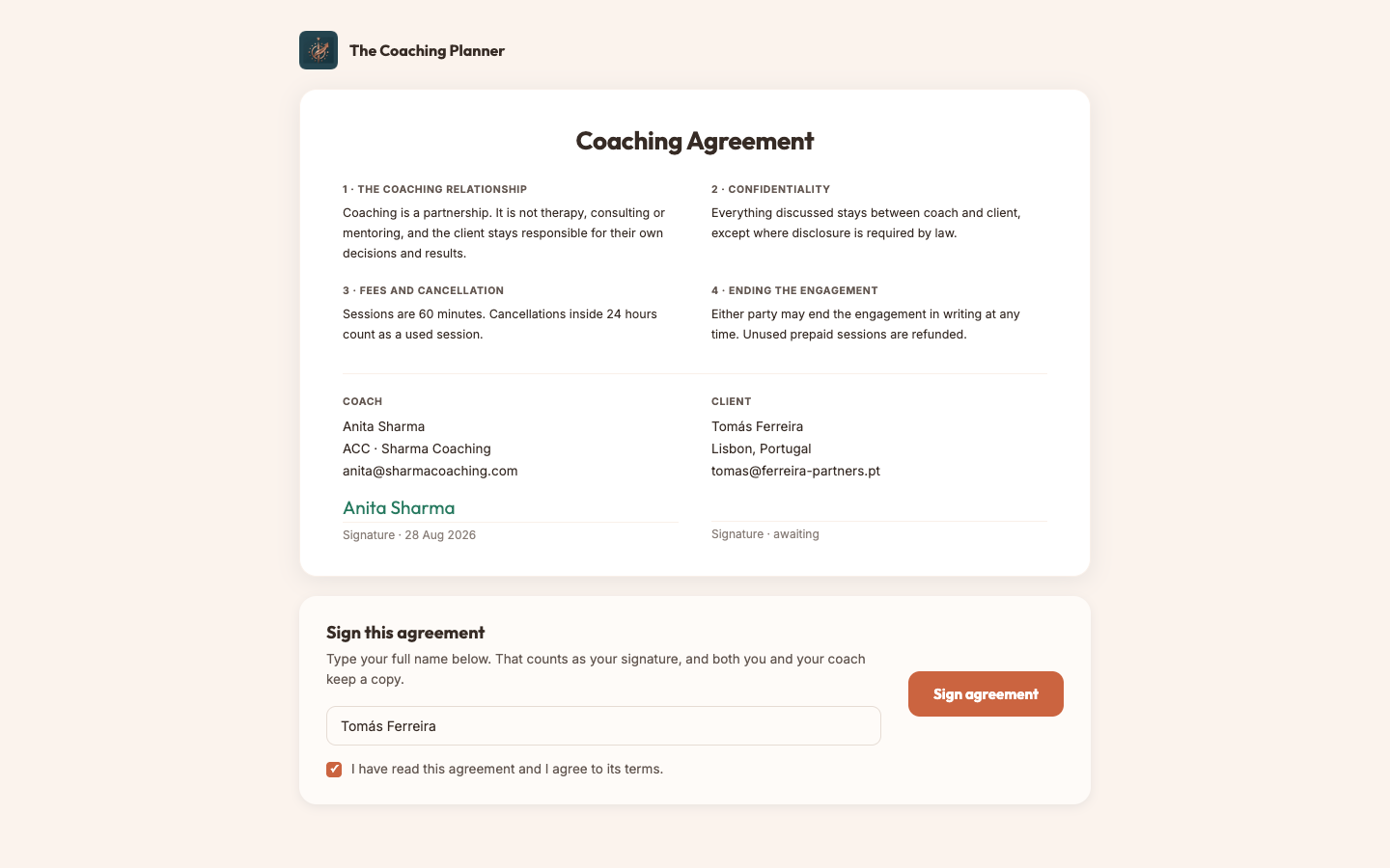 A coaching agreement open in the browser, ready for the client to sign