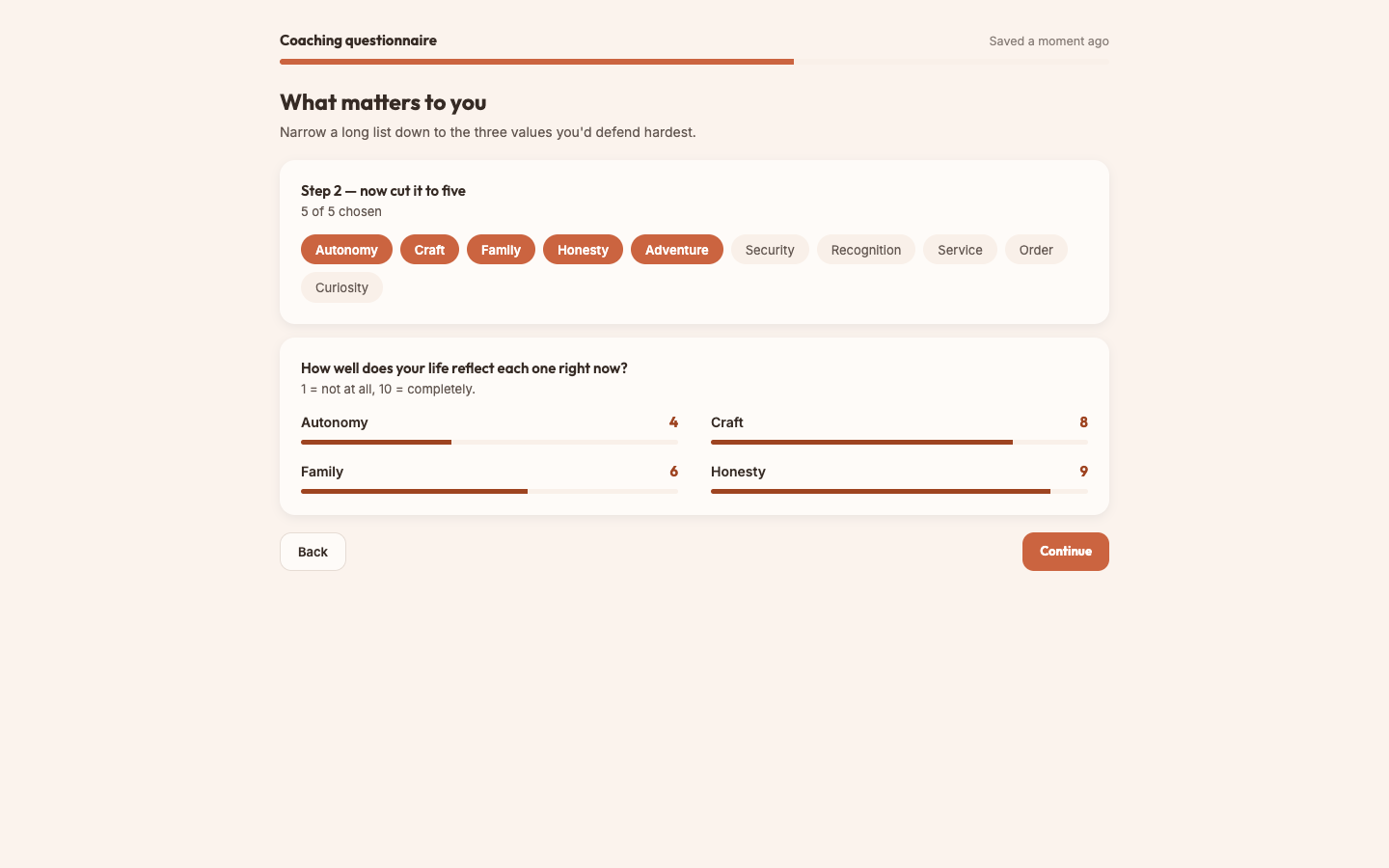 The client-facing questionnaire, showing DISC and values questions