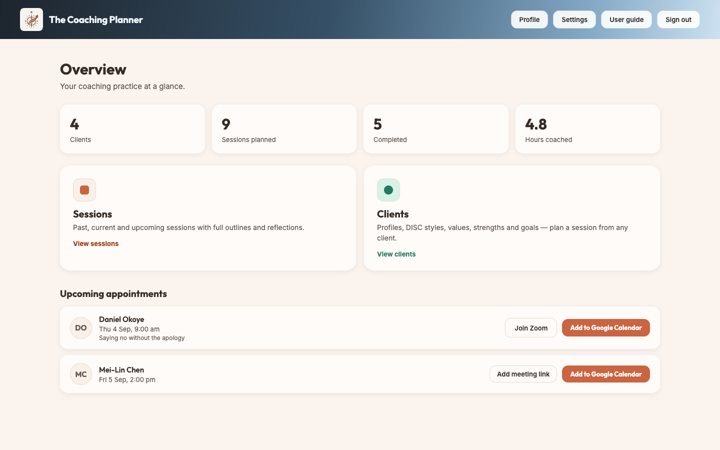 The dashboard, showing client and session counts and cards for Sessions and Clients