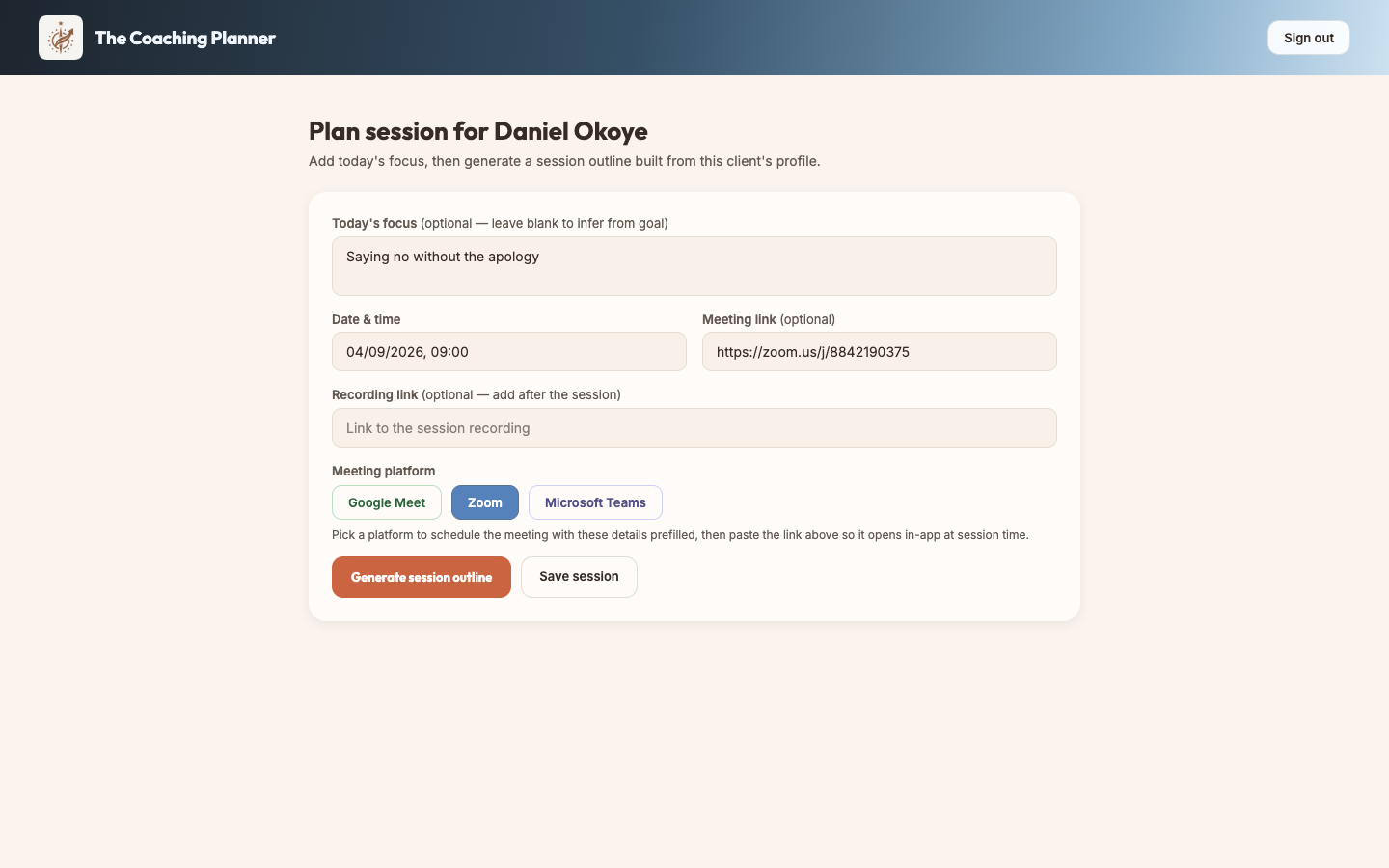 Meeting platform buttons and the meeting link field on a session