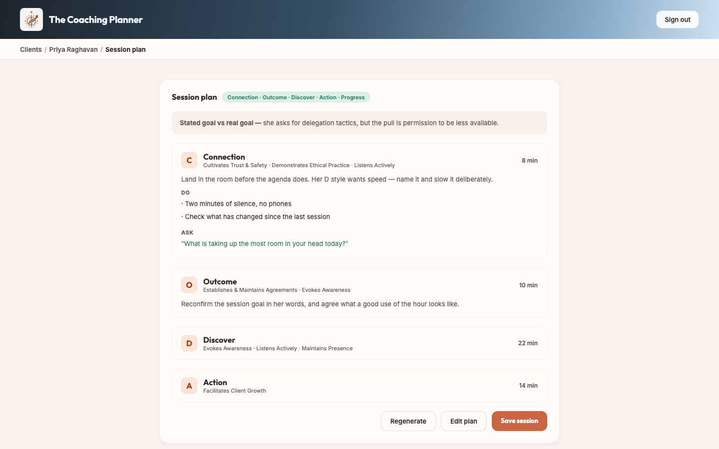 A generated session outline with phases, timings and suggested questions