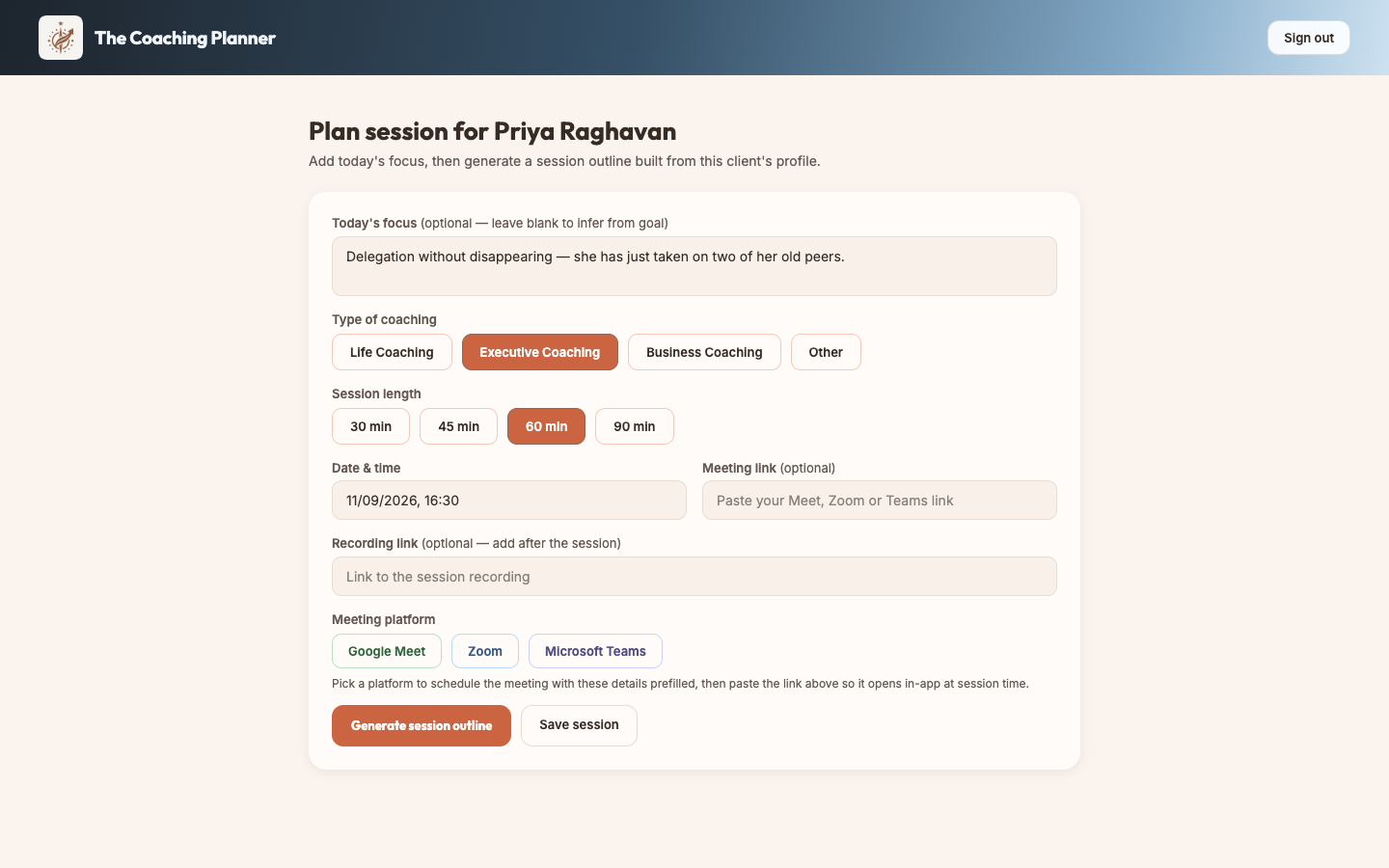 The plan session screen with focus, type of coaching, session length and date fields