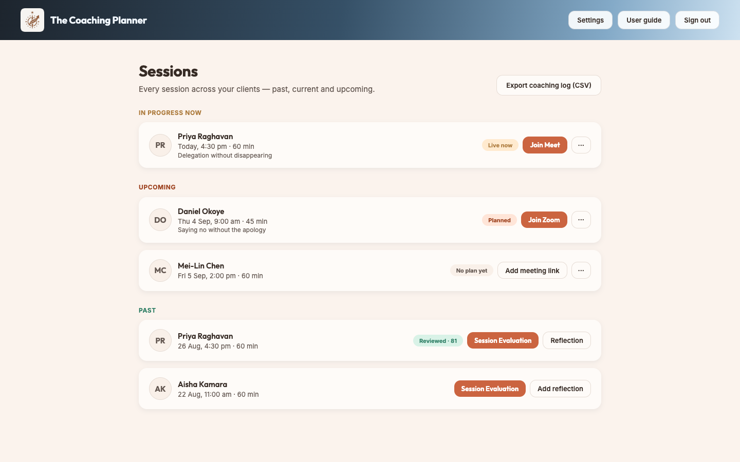 The sessions screen with upcoming and past sessions and the export button