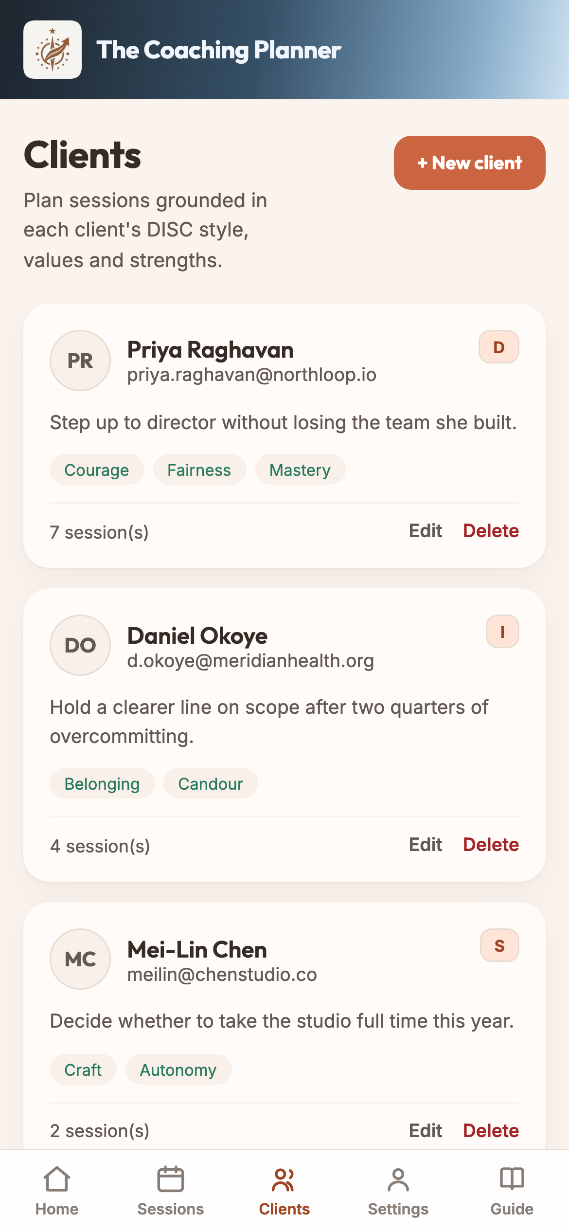 Client list with sessions and hours