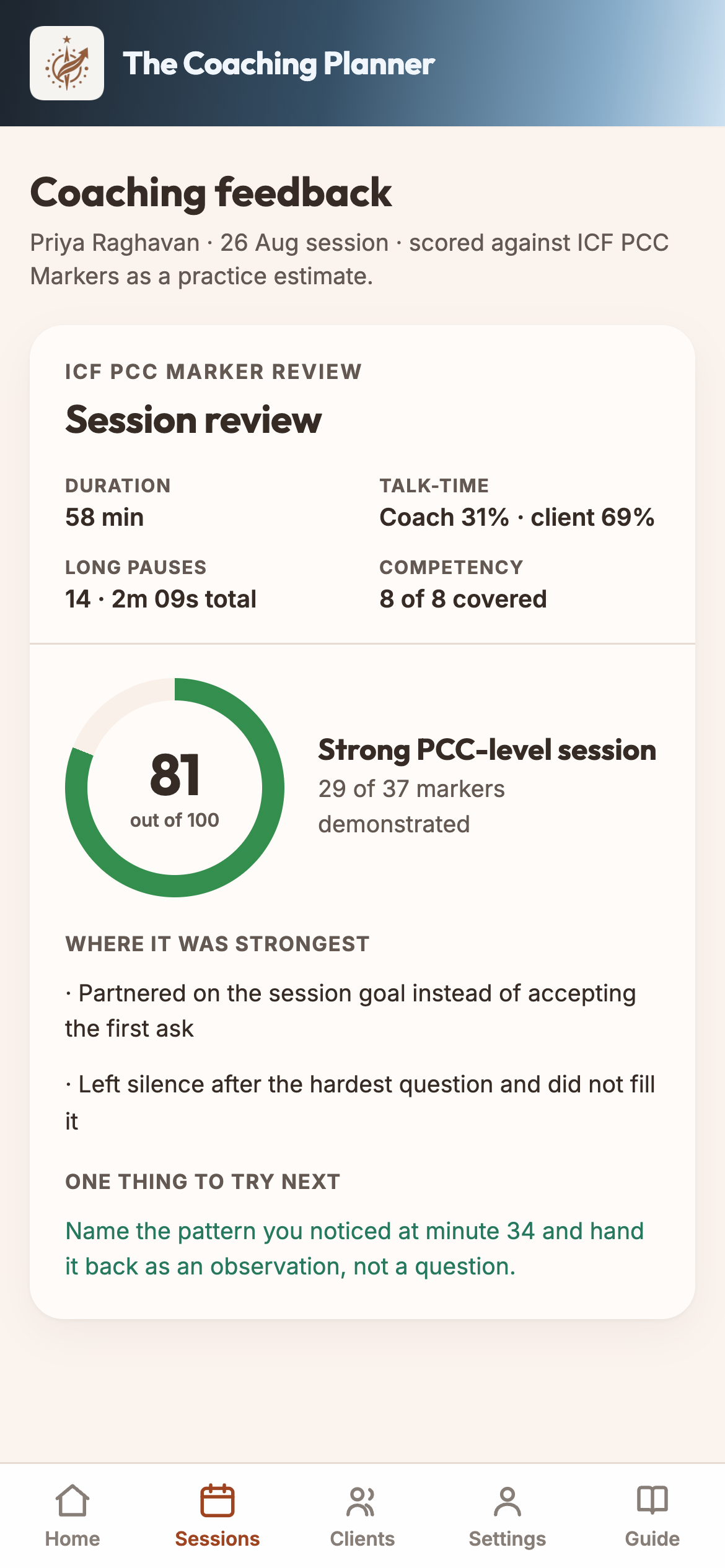 Session scored against the ICF markers