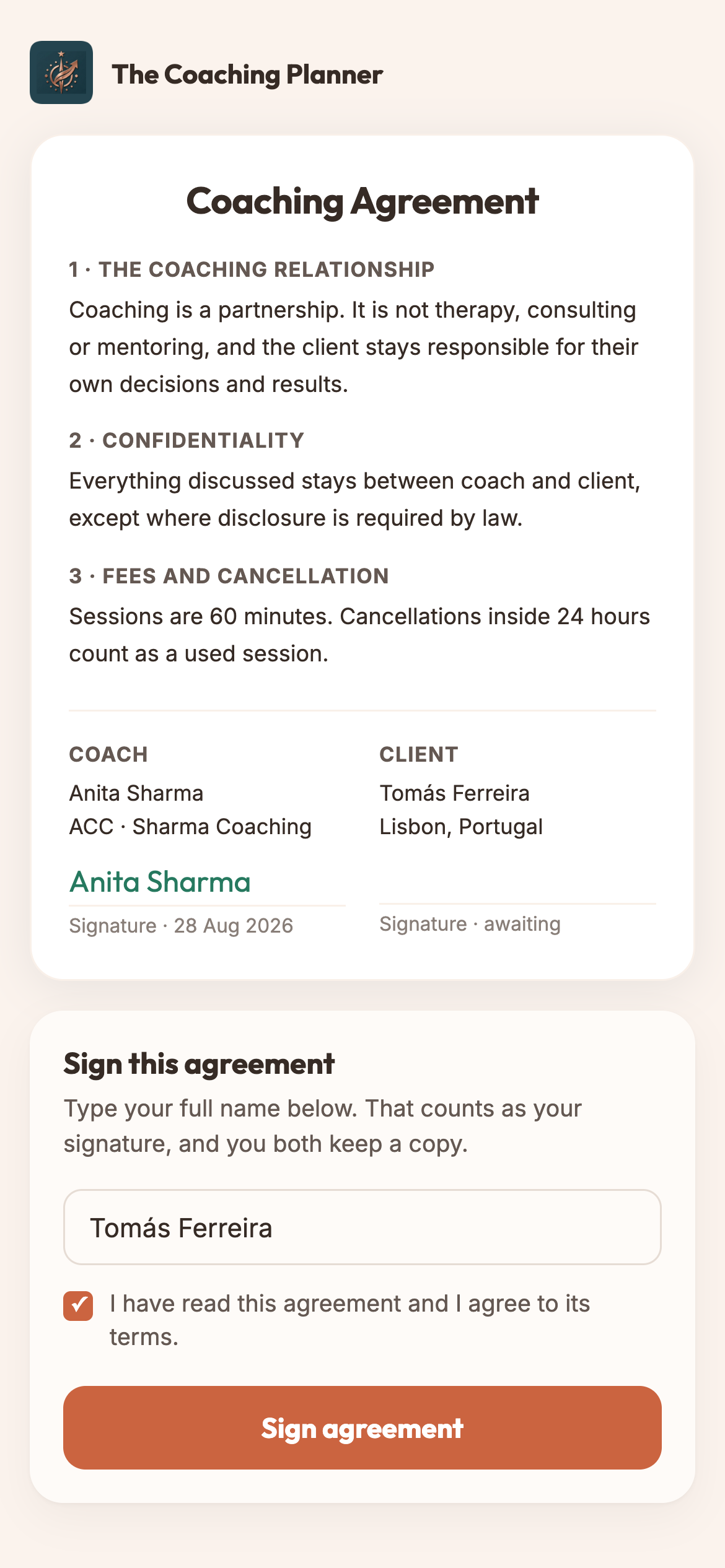 Client agreement signed in the browser